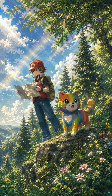 A vibrant anime-style illustration features a young boy in a red cap and backpack reading a map, standing next to a colorful rainbow-striped cat on a rocky outcrop in a lush forest with a rainbow in the sky.