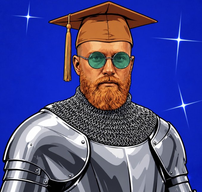 A digital illustration depicts a bearded man wearing green-tinted round sunglasses and a brown graduation cap perched atop knight's armor, complete with chainmail, set against a starry blue background. The image cleverly plays on the "$KNIGHT" ticker by visually merging academic and knightly imagery, matching the post's "woke up like this" caption suggesting the holder identifies as both educated and armored in the crypto realm.