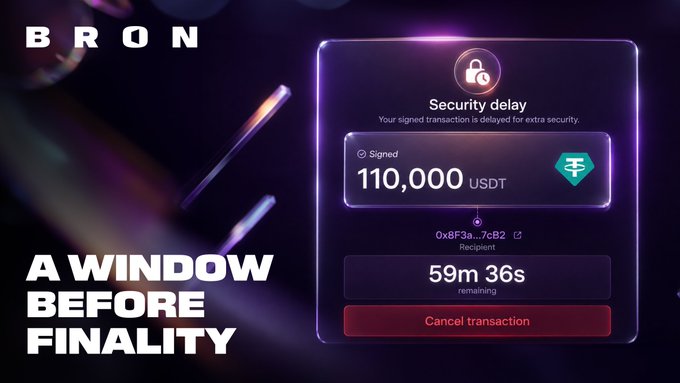 A graphic for 'BRON' titled 'A WINDOW BEFORE FINALITY,' showing a security delay interface for a signed 110,000 USDT transaction with 59 minutes and 36 seconds remaining.