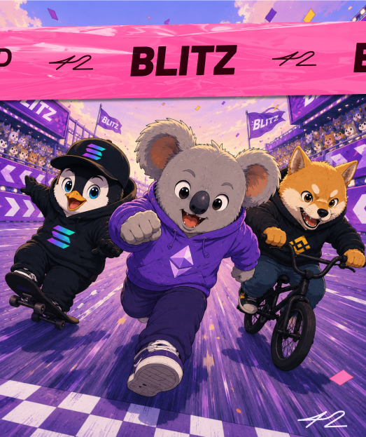 A vibrant digital illustration for the BLITZ token showing an animated penguin on a skateboard, a koala, and a Shiba Inu dog on a BMX bike racing in an arena setting.