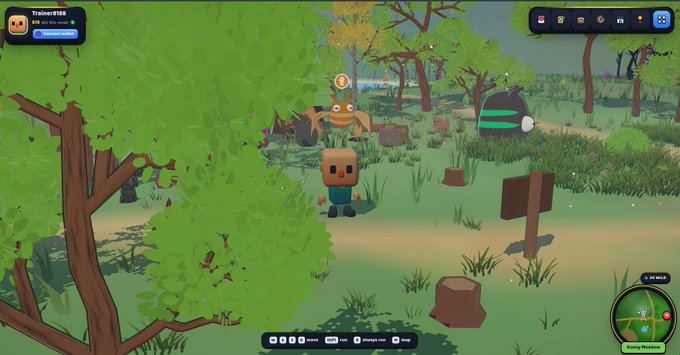 A screenshot from a colorful 3D voxel-style video game featuring a blocky character in a grassy environment with trees, a campfire, and strange creatures.