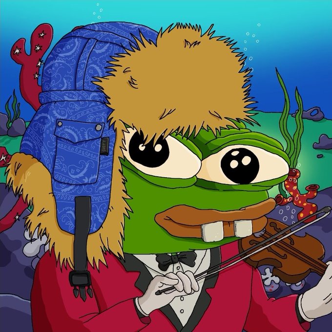 A cartoon illustration of a green Pepe-style frog character with buck teeth, a bow tie, and a red jacket, holding a violin and wearing a blue patterned backpack, set against an underwater background.