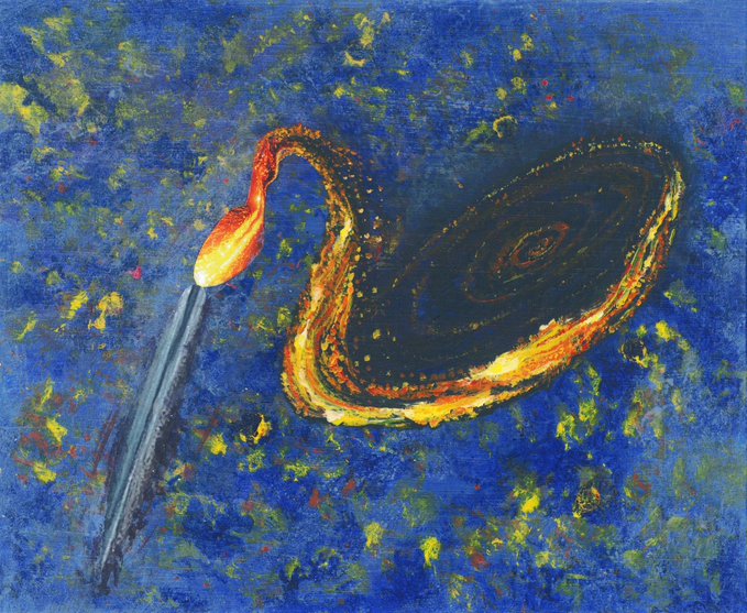 A painting of a match with a flame, surrounded by blue paint splatters, and a black hole in the center. The painting has been edited to include a watermark that reads "8/15 Ed left 5 $XTZ objkt.com/tokens/KT1SW9o".