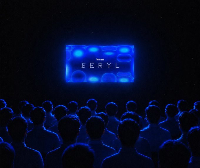 A dark silhouette of an audience watching a glowing blue screen that displays the word 'BERYL'.