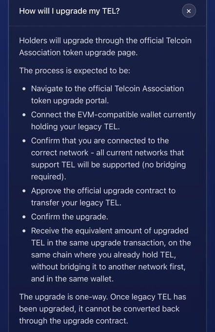 A blue information panel titled 'How will I upgrade my TEL?' outlining the official Telcoin Association token upgrade process, including navigating to the portal, connecting an EVM-compatible wallet, approving the upgrade contract, and confirming the one-way upgrade from legacy TEL.