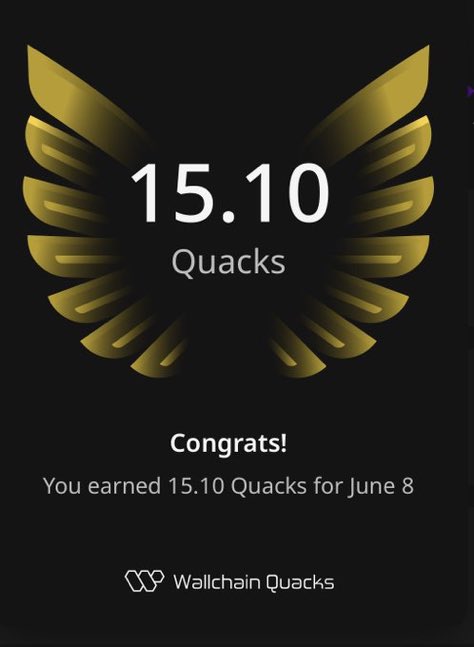 This image shows a screenshot of a Twitter post from Wallchain Quacks, with a gold background featuring an eagle design that has "15.10 Quacks" written underneath it. The poster congratulates users for receiving 15.10 Quacks each day for the week of June 8th and attributes this achievement to "Wallchain Quacks". The text indicates that the user's accomplishments have been acknowledged on this particular post, as well as a reference to the company they are part of.