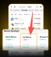 A Stock Memo app interface is displayed, highlighting the "Cat Meme" token ($CATMEME) with a 1.56% change at the top of the Market Spotlight section, reflecting a bullish shift to meme coin trading amid the $CATMEME hype mentioned in the post.