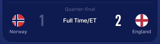 A scoreboard graphic shows the Quarter-final result: Norway 1 – 2 England (Full Time/ET), reflecting England's victory that sent them through to the Semi-finals, as celebrated by the post's "It's coming home" message.