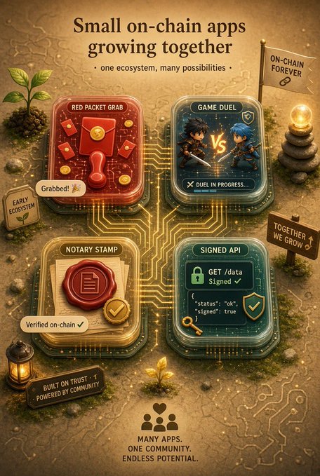 A promotional graphic titled "Small on-chain apps growing together" featuring four app cards (Red Packet Grab, Game Duel, Notary Stamp, Signed API) with the tagline "Many apps. One community. Endless potential."