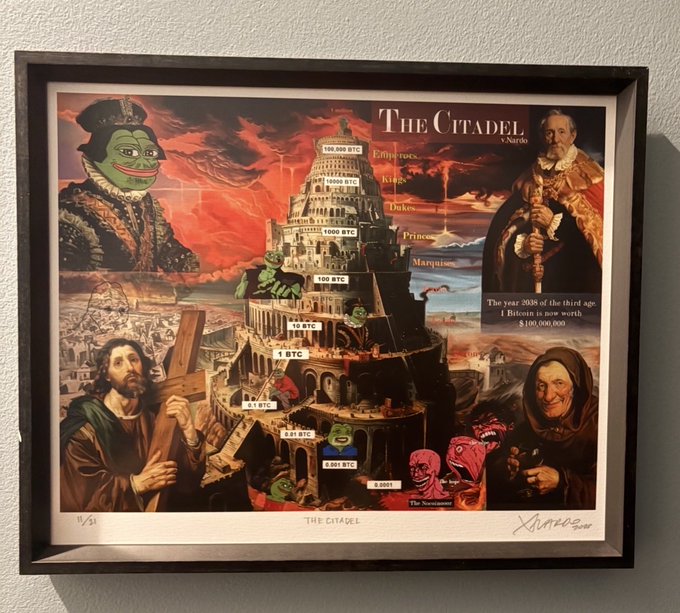 A framed art print titled 'THE CITADEL' by Xantos shows a tower divided by Bitcoin values, with historical figures including a king, Jesus, and a noblewoman, alongside Pepe the Frog characters.