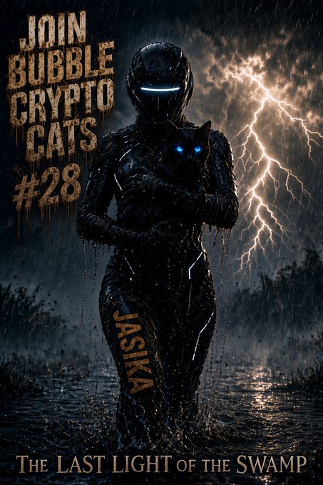 Dark, atmospheric promotional poster featuring a black armored figure with glowing blue visor eyes holding a black cat with glowing blue eyes, with text reading 'JOIN BUBBLE CRYPTO CATS #28 JASIKA THE LAST LIGHT OF THE SWAMP' against a stormy, lightning-filled background.