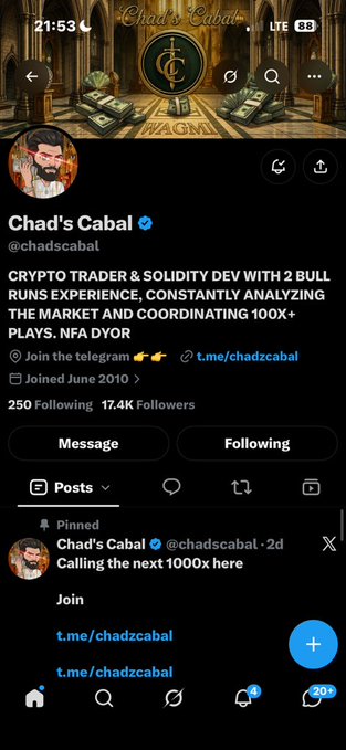 A Twitter/X profile screenshot for 'Chad's Cabal' (@chadscabal) describing them as a 'CRYPTO TRADER & SOLIDITY DEV WITH 2 BULL RUNS EXPERIENCE', showing 17.4K followers and a pinned tweet mentioning '1000x'.