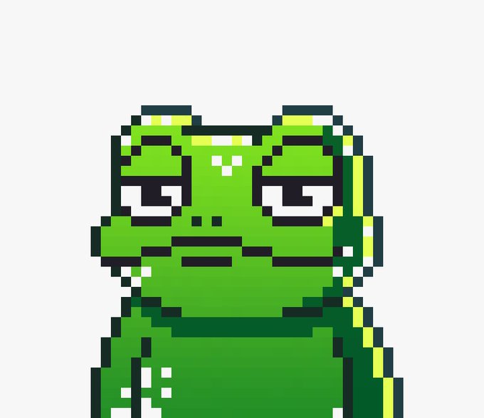 A pixel art illustration of a green frog character with half-closed eyes and a neutral expression.