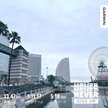 A screenshot of a Garmin fitness tracking app displays a waterfront running route in Yokohama, Japan, featuring the iconic Ferris wheel and InterContinental Hotel in the background, with stats showing 13.47 km covered at a 5:18/km pace between 1-11 and 1-17. The "NEVER NEVER GIVE UP" motivational text overlay complements the post's hashtags tracking the user's step count across fitness apps.