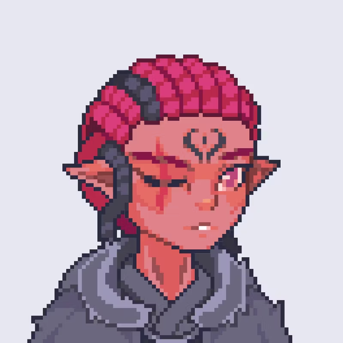A pixel art portrait of a red-skinned elven character with dark red hair, facial markings, pointed ears, and a small fang, wearing a gray hooded garment.