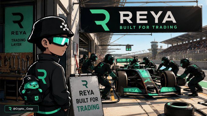 Anime-style illustration of a character watching a Formula racing pit stop, with 'REYA BUILT FOR TRADING' branding and the handle @Crypto_Coop.
