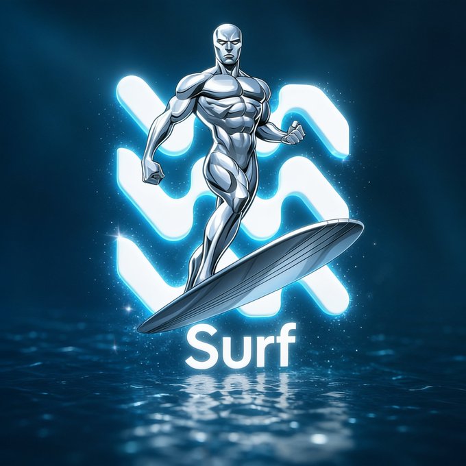 A silver metallic humanoid figure in a surfing pose balances on a surfboard above water, backed by a glowing blue wave-shaped logo and the word 'Surf' below.