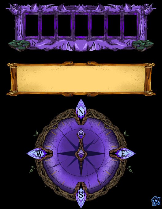 Fantasy game UI elements are displayed, including a purple jagged frame, a wooden scroll banner, and a circular compass with N/S/E/W markers.