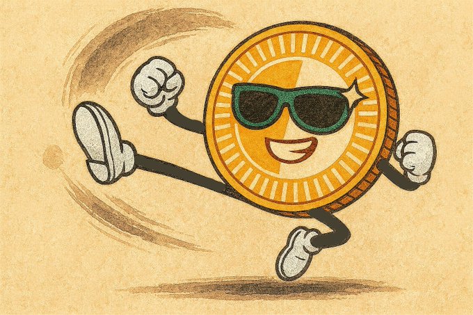 A cartoon illustration of an anthropomorphic gold coin character wearing sunglasses and white sneakers, running energetically while flexing its arms in a celebratory pose.