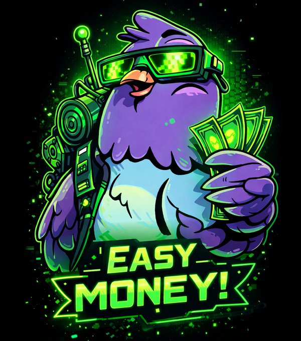 A cartoon purple bird wearing green digital sunglasses, holding cash and a gun, with the text 'EASY MONEY!' displayed in a green neon banner.