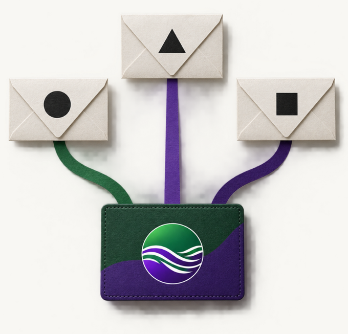 Three cream-colored envelopes marked with a circle, triangle, and square emerge from a green and purple wallet-like card featuring a circular green and purple wave logo.