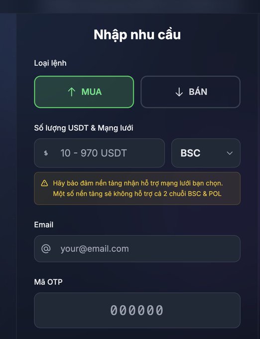 A Vietnamese-language mobile trading interface titled 'Nhập nhu cầu' with options to 'MUA' (Buy) or 'BÁN' (Sell) USDT, showing network options like BSC and fields for email and OTP code.