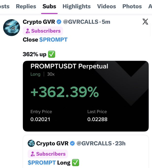 The image is a screenshot of a tweet from "Crypto GVR" (@GVRCALLS) showing a winning trade notification for the PROMPTUSDT Perpetual position on the PROMPT token, displaying a +362.39% gain with a long 30x leverage and an entry price of 0.02021. The caption highlights the 362% profit on the $PROMPT long trade, matching the accompanying post celebrating zero losses in July and promoting subscription to the trader's X account.