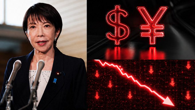 The image shows a Japanese woman speaking at microphones next to glowing red symbols for the US dollar ($) and Japanese yen (¥), above a downward trending graph with red arrows indicating a financial downturn.