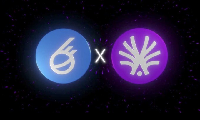 The image displays two glowing circular icons side by side against a dark, particle-filled background: a blue circle with a stylized white logo on the left and a purple circle featuring a white plant/tree-like emblem on the right, separated by a white "x" symbol indicating a partnership or collaboration.

This visual likely represents a partnership between the two featured crypto projects (with the left logo resembling the Astar Network "A" symbol and the right resembling the Crust Network shadow logo), tying into the post about ActionFi's incentive campaign—where the $100K reward pool aims to drive genuine product engagement between partner ecosystems rather than passive social media interactions.