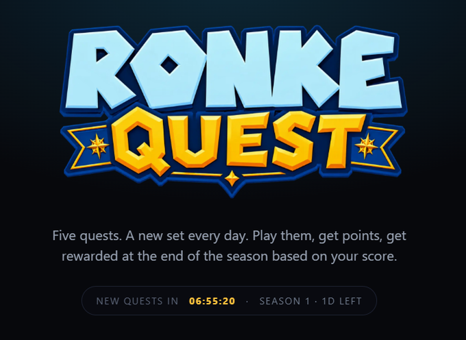 A game screen titled 'RONKE QUEST' with a description reading 'Five quests. A new set every day. Play them, get points, get rewarded at the end of the season based on your score,' alongside a countdown of '06:55:20' and 'SEASON 1 · 1D LEFT'.