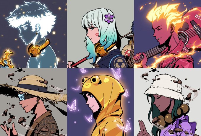 Grid of six anime-style character illustrations with glowing auras, headphones, and guitars, including a flame-headed figure and characters with frog and frog-themed hoodies.