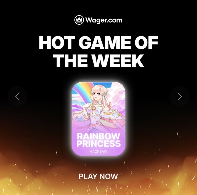 A promotional graphic from Wager.com featuring "HOT GAME OF THE WEEK: Rainbow Princess" by Hacksaw, with a "PLAY NOW" call-to-action. The image ties into the giveaway post by directing users to play the featured game after participating in the 100 USDT contest.