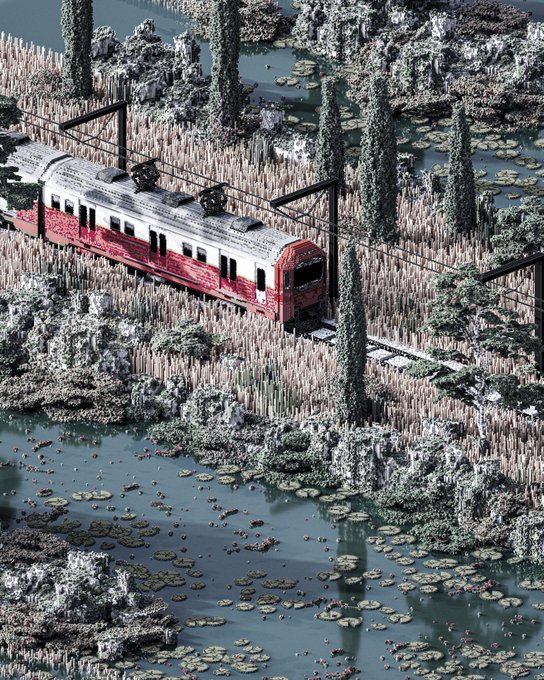 A 3D rendered scene of a red and white passenger train traveling through a snowy landscape with cypress trees and lily pads covering the water below.