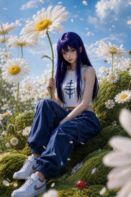 Photorealistic AI-generated image of a young woman with long purple hair sitting on a mossy mound in a field of daisies, holding a large daisy flower against a blue sky.
