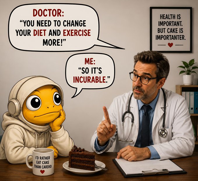A humorous cartoon shows a sad emoji character in a hoodie sitting across from a doctor, with speech bubbles reading 'DOCTOR: YOU NEED TO CHANGE YOUR DIET AND EXERCISE MORE!' and 'ME: SO IT'S INCURABLE.' A mug reads 'I'D RATHER EAT CAKE THAN CARDIO' and a framed sign says 'HEALTH IS IMPORTANT. BUT CAKE IS IMPORTANTER.'