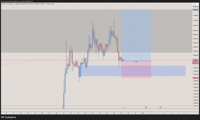 A TradingView candlestick chart labeled "BTCUSD" displaying Bitcoin price action with red and blue candles, horizontal support/resistance zones marked in pink and blue, and price levels around the 75,000–82,000 range.