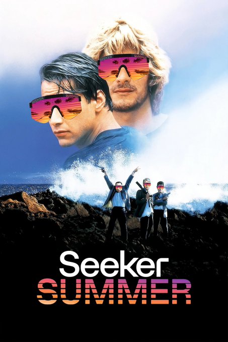 A promotional graphic titled "Seeker SUMMER" features two figures with vibrant pink and orange gradient sunglasses dominating the upper portion, with three silhouetted figures triumphantly raising their arms on rocky terrain below. The image's title "Seeker SUMMER" ties into the announcement of a 25M SKR token allocation round, with the colorful, summery aesthetic reinforcing the seasonal campaign theme.