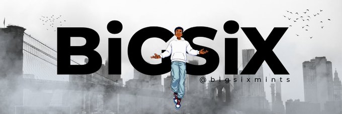 The image features a man standing in front of a city skyline, with birds flying around him. The text "BIGSIX" is displayed above his head, indicating that he is the main subject or focus of the photo. The background includes buildings and trees, creating an urban atmosphere for the scene.