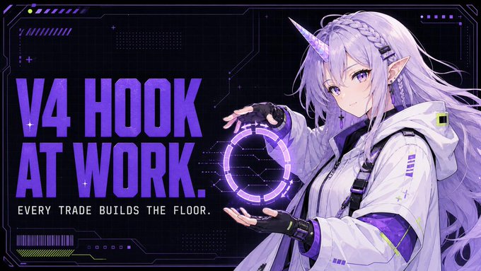 An anime-style promotional graphic featuring a purple-haired horned character with text reading 'V4 HOOK AT WORK. EVERY TRADE BUILDS THE FLOOR.'