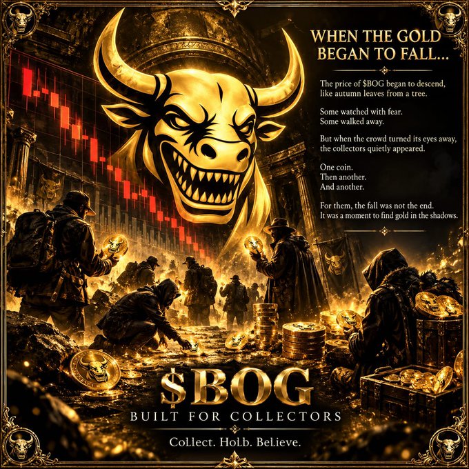A promotional poster for cryptocurrency '$BOG' featuring a golden bull mascot, silhouettes of people collecting gold coins, and the tagline 'WHEN THE GOLD BEGAN TO FALL... BUILT FOR COLLECTORS'.