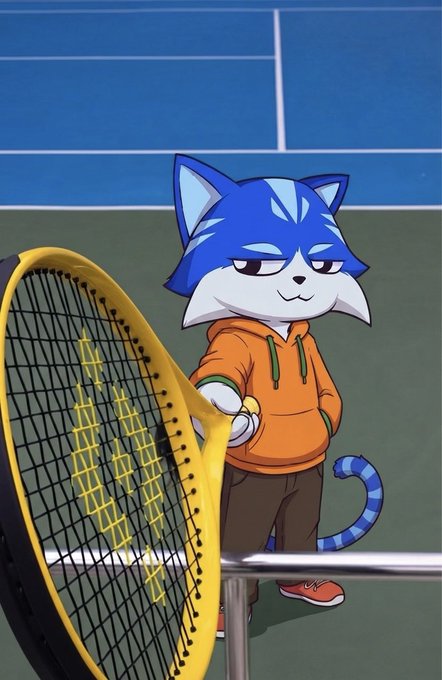 An illustration of a blue and white anthropomorphic cat character wearing an orange hoodie, holding a yellow and black tennis racket on a tennis court.