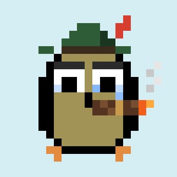 A pixel art illustration depicts a green duck-like character wearing a fedora, smoking a cigar, with a tear in its eye.