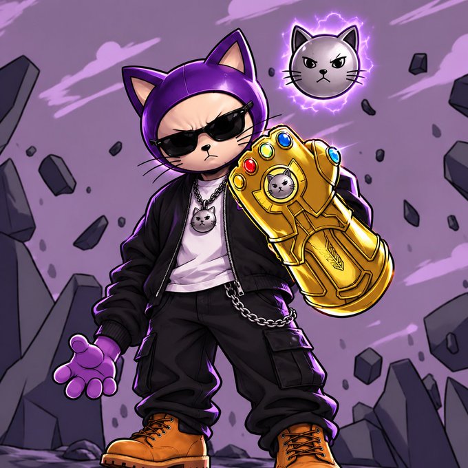 A cartoon cat character with purple fur, sunglasses, and a black jacket wields a gold Infinity Gauntlet-like glove adorned with a cat emblem, standing among rocky debris. Floating above is a glowing cat head surrounded by purple lightning, matching the post's description of "purple drip" and "golden power" for the ARCAT meme character.
