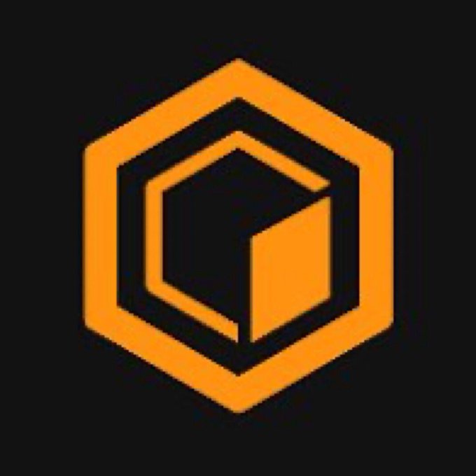 An orange hexagonal logo featuring a 3D cube-like geometric shape on a black background.