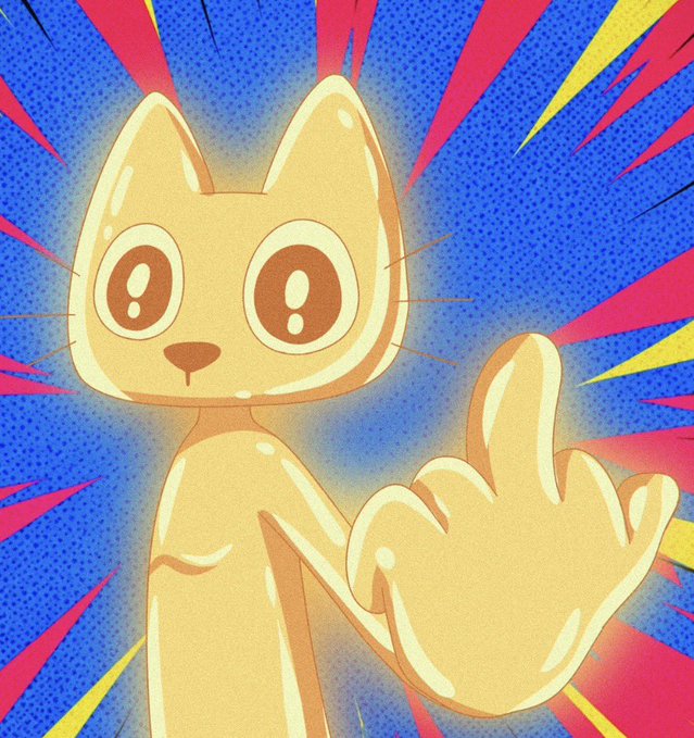 A cartoonish golden cat character with large expressive eyes giving a thumbs-up gesture against a vibrant blue and pink comic-style background with radial lines.