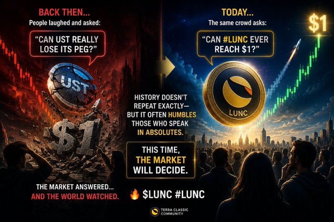 A promotional graphic for Terra Classic ($LUNC) comparing the past UST depeg to the current question of whether LUNC can reach $1.