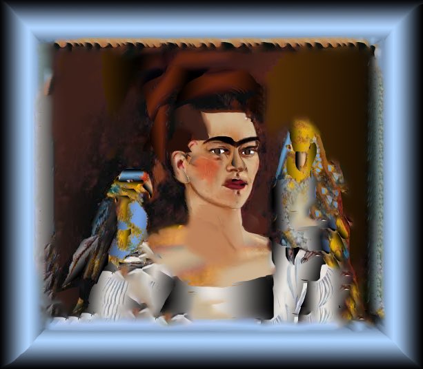 A framed, stylized digital portrait resembling Frida Kahlo with a unibrow and two blue-and-yellow parrots perched on her shoulders.