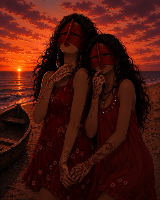 A stylized digital artwork of two women with long dark curly hair wearing red dresses and red masks, standing together against a vivid red sunset over the ocean.