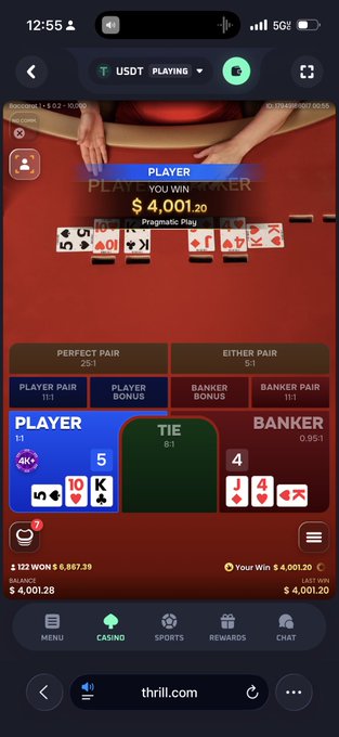 The image shows a mobile screenshot of a live baccarat game on thrill.com, where the player has won $4,001.20 with a hand of 5 (3♥, 10♦, K♣) beating the banker's 4 (J♦, 4♠), accompanied by a celebratory message directed at Thrill users.