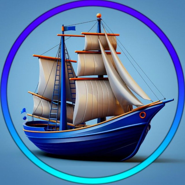 A 3D render of a stylized sailing ship with white sails and a blue hull, framed within a blue circular border against a light blue background.